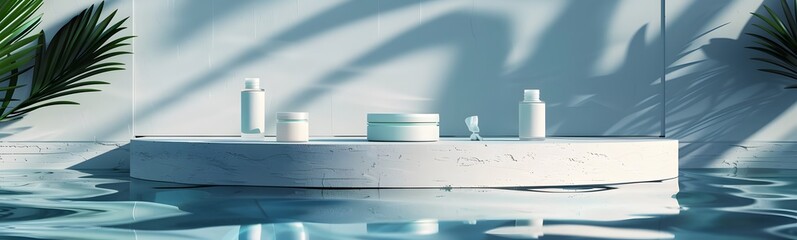 Poster - background water podium product 3d cosmetic abstract platform blue beauty. render background podium 