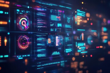 Poster - Futuristic dashboard, holographic interface, neon accents, data streams, dark background
