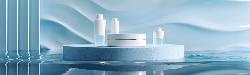 Poster - background water podium product 3d cosmetic abstract platform blue beauty. render background podium 