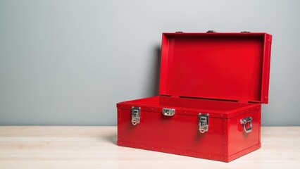 Realistic photo of a red toolbox open and empty, highlighting its sturdy, metallic structure