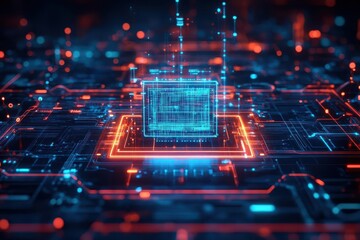 Poster - Digital network hub, floating holograms, futuristic dark mode, intricate circuit patterns