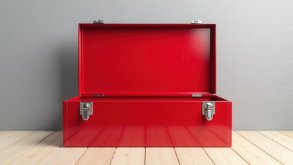 Open red toolbox on a wooden table, showcasing a practical storage option for mechanics