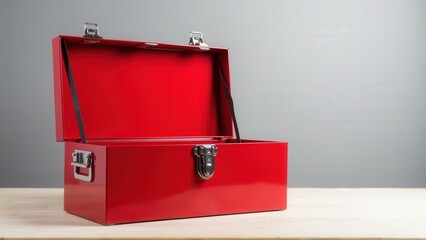 Red toolbox open with no contents, ideal for showcasing storage solutions