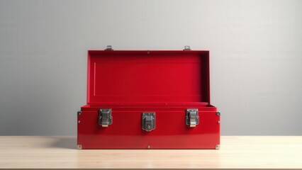 Open red toolbox on a light background, highlighting its solid build and empty space