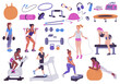 © sabelskaya - A vector set with sports equipment and young female athletes on a white background