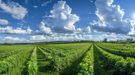 A bustling hop farm during harvest season, with workers picking hops and baskets overflowing with green cones