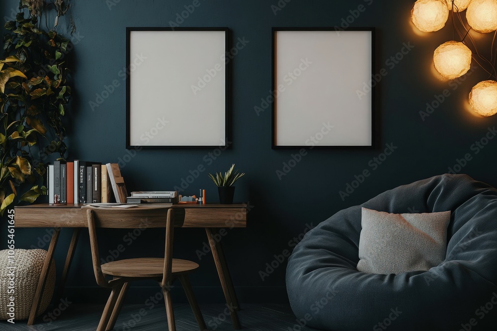 A stylish interior with a dark wall showcases two empty square black frames side by side. Nearby, a cozy reading nook with a bean bag and a wooden desk filled with books adds warmth to the space.