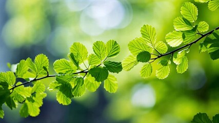 Aufkleber - Vibrant Spring Branch: Close-up of fresh, bright green leaves on a branch, bathed in sunlight. A gentle bokeh effect enhances the serene atmosphere. Perfect for spring themes, nature.