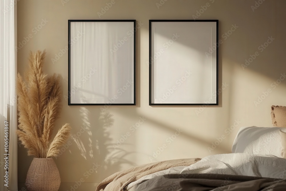 Two empty square black frames are displayed side by side on a wall, creating a modern aesthetic in a warm bedroom. A large plant and soft bedding enhance the inviting atmosphere.