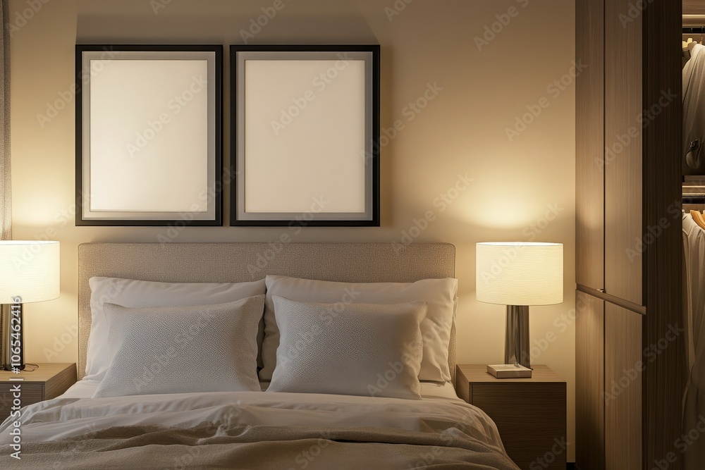 This cozy bedroom showcases a minimalist design with two empty black square frames positioned above a stylish bed. Soft lighting enhances the inviting atmosphere, creating a serene retreat.