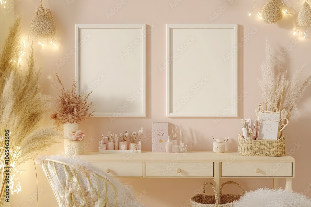 An inviting workspace features two aligned empty square white frames against a warm pastel background.