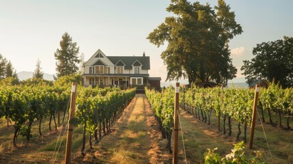 A peaceful scene of a hop farm with a wooden barn and rows of green vines stretching out