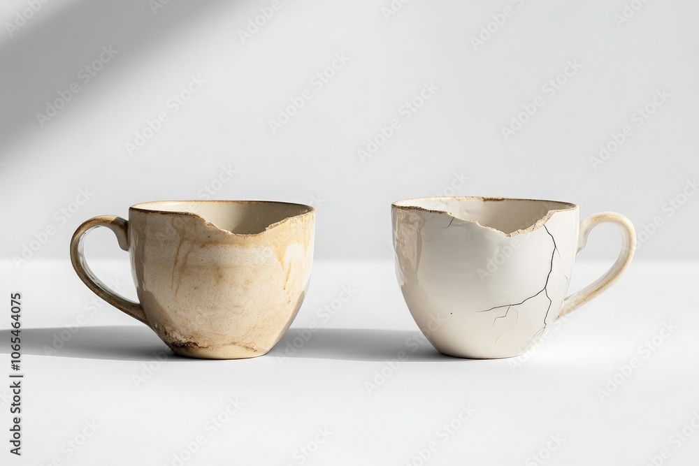 Two coffee cups sit side by side on a clean surface, each displaying distinct textures and imperfections.