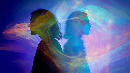 Sticker - Abstract Silhouettes of Two People in a Colorful Swirl of Light.