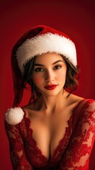 Wall Mural - Close-up of sexy girl in lace lingerie and Santa hat on red background, spending New Year's Eve and Christmas in 2025