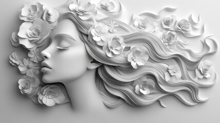 Wall Mural - An ornamental white bas-relief depicts a woman with flowing hair and flowers on her face.