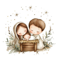 Holy family with baby Jesus nativity scene with mary, joseph in a manger: Christmas watercolor illustration on transparent background