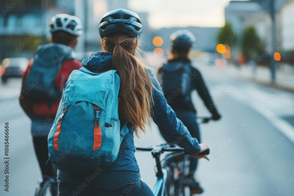 A group of young millennials enjoy a biking adventure together on a city street during early evening.