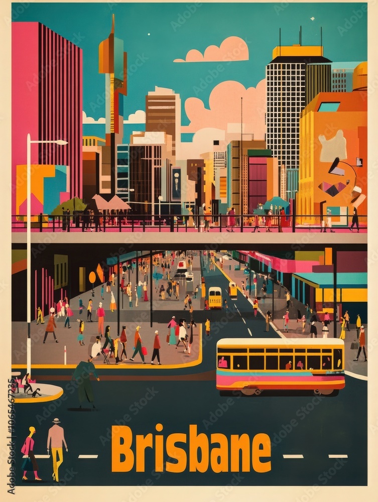 Brisbane showcases its lively urban landscape with bustling streets, colorful buildings, and people enjoying the day.