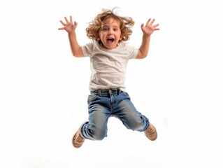 Portrait of an energetic child jumping with a white background, capturing motion and excitement