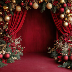 Festive red and gold Christmas decorations with ornaments and greenery create warm holiday atmosphere