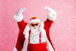 © deagreez - Holly x-mas newyear party event. Funky cool santa claus listen headphones christmas radio stereo sound song raise hands dance wear style overweight headwear isolated pastel color background