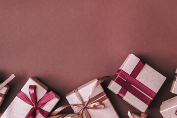 Wall Mural - christmas gift zero waste,eco friendly packaging gifts kraft paper,eco christmas holiday concept,eco