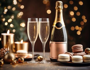 Bottle of champagne is on a table with two glasses of champagne. There are also some macarons on the table