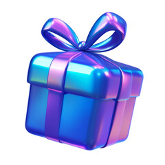 Wall Mural - blue purple gift box with ribbon holographic iridescent 3d render icon isolated on transparent backg