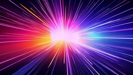 Poster - Cosmic Radiance: A vibrant burst of multicolored light streaks across a dark background, creating a dynamic and energetic visual. Perfect for projects related to speed, energy, and innovation. 