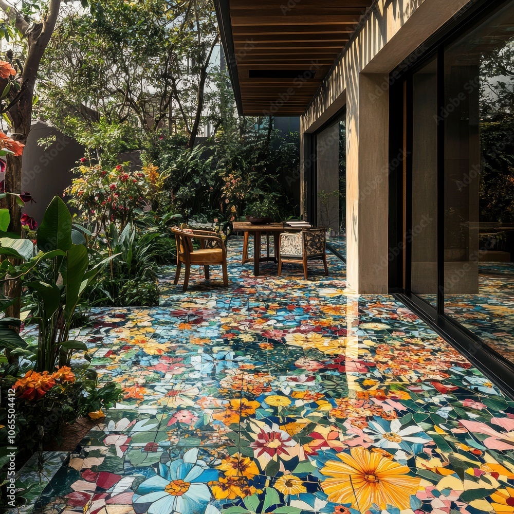 Colorful floral tile patterns spread across an outdoor terrace, using ...