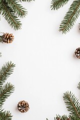 Wall Mural - Christmas tree branches, pine cones on white background, festive theme