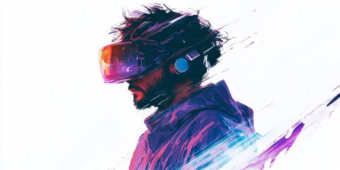 Wall Mural - a man wearing a hologram, midview, immersive virtual reality, player, unknown planet,