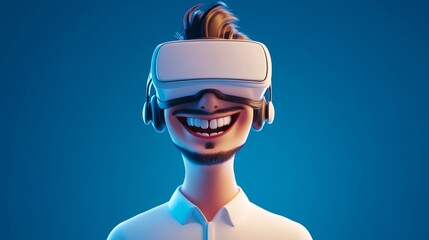 Wall Mural - a smiling cartoon man with a white virtual reality headset blue background, in the style of vray tracing, simplified and stylized portraits,  