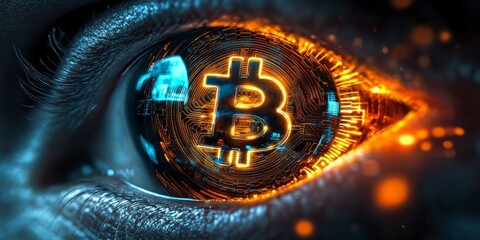 Wall Mural - cyborg eye made of bitcoin symbol with digital circuits, metallic texture and glowing bitcoin elemen