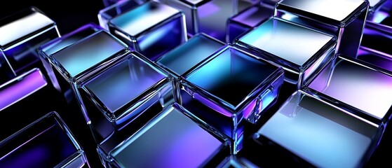 Wall Mural - abstract blue blocks 3d background, iridescent holographic material reflections