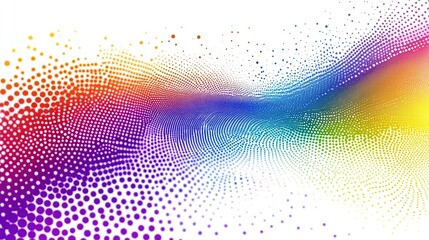 Wall Mural - Abstract wave of colorful dots in blue, pink, orange, and yellow gradients creating a vibrant, dynamic flow on a white background