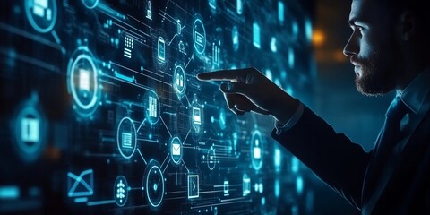 Wall Mural - a business man pointing to a digital screen with icons of technology and online network connection