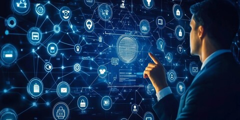 Wall Mural - a business man pointing to a digital screen with icons of technology and online network connection