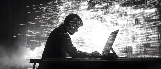 Poster - Silhouette of a Person Working on a Computer in Darkness
