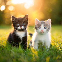 Two Kittens Playful in Sunlit Field