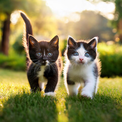 Two Kittens Playful in Sunlit Field