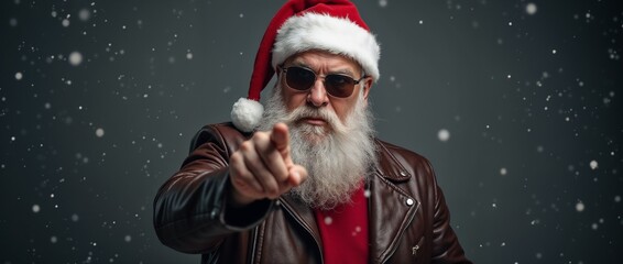 Wall Mural - Santa Claus, wearing a leather jacket and sunglasses, points playfully at the camera amid falling snow, embodying a modern and cool Christmas spirit.

