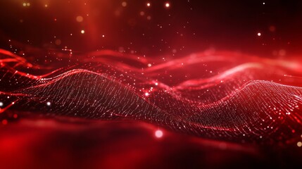 Abstract red tech background with digital waves, dynamic network system, artificial neural connections, cyber quantum computing and electronic global intelligence