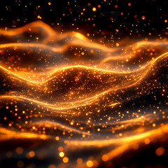 Abstract digital image of vibrant orange particles flowing in wave-like formations against a dark background, creating a dynamic, glowing effect