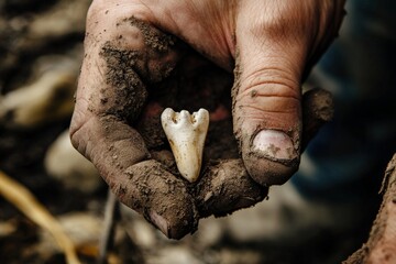 Aufkleber - A muddy hand presents a small white tooth fossil, emphasizing the meticulous process of unearthing and studying the remains of creatures from the distant past.