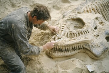 A researcher focuses on the intricate skull structure of a massive dinosaur fossil, working in grit and precision to reveal the scientific marvel.