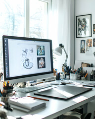 Modern minimalist workspace with computer, desk lamp, and art supplies.