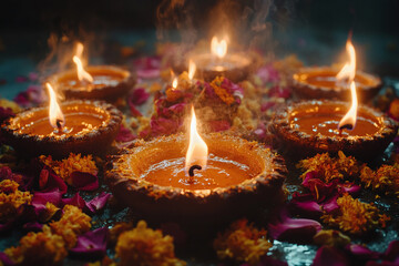 Wall Mural - a diya with multiple wicks burning during Diwali.