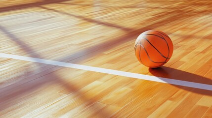 A volleyball lying near the sideline of a wooden court, highlighting the contrast between the ball's texture and the polished floor.